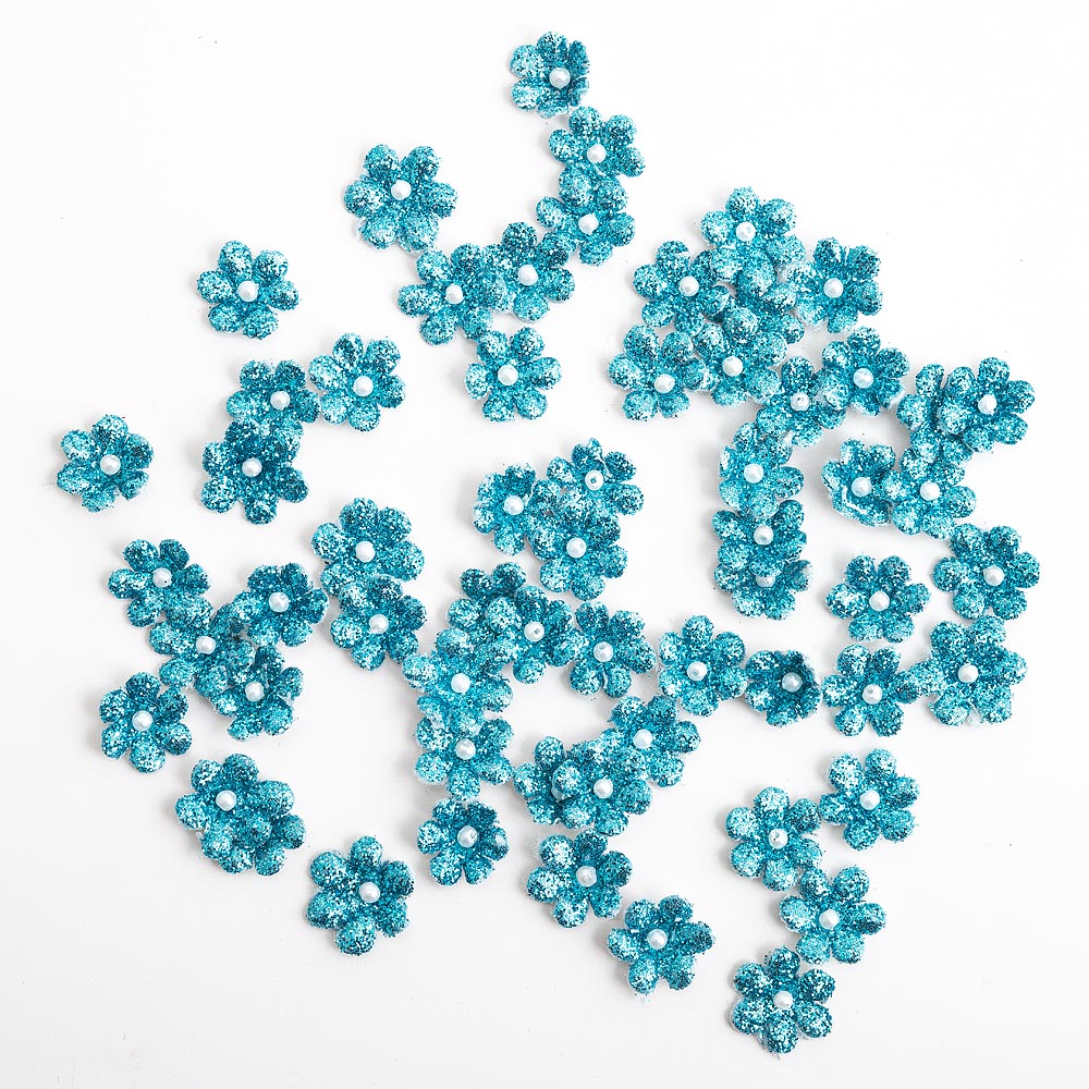 1cm Turquoise Glitter Flowers Pack of 60