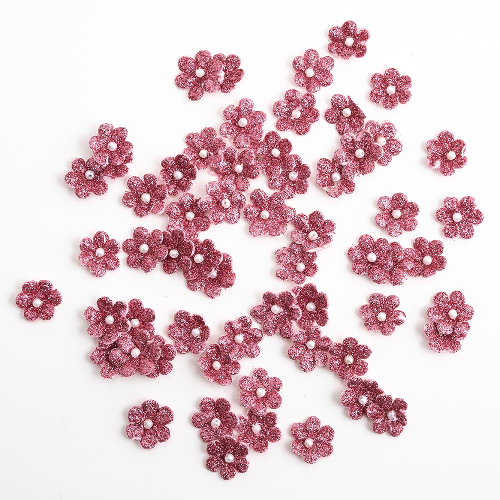 1cm Vintage Pink Glitter Flowers Pack of 60