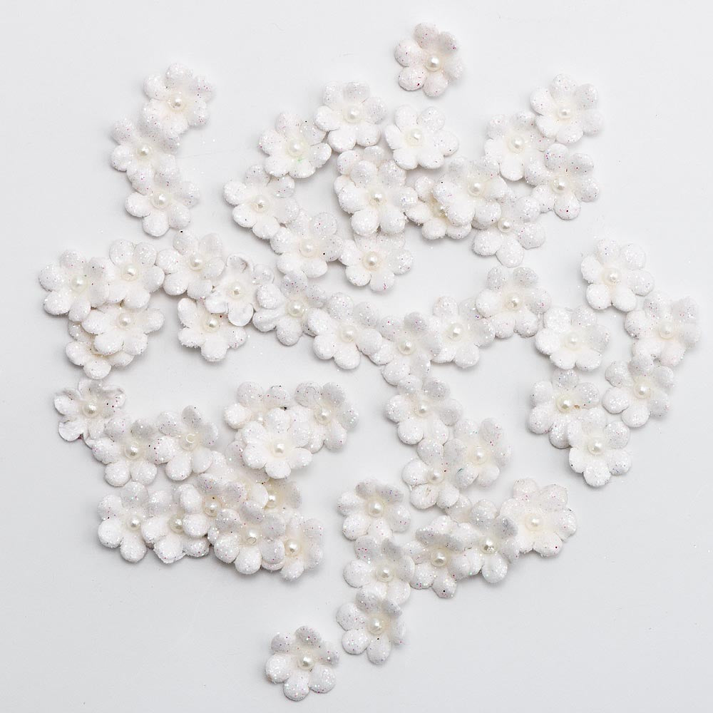 1cm White Glitter Flowers Pack of 60