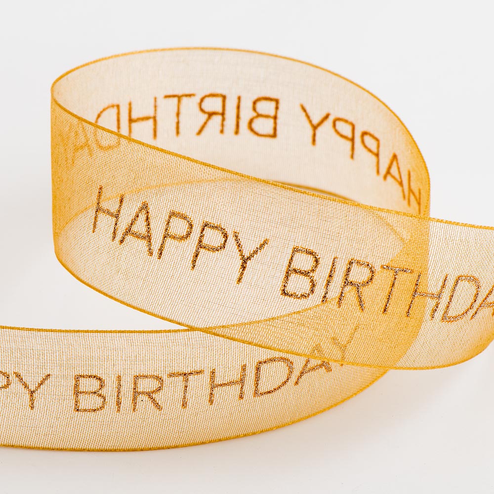 Antique Gold Happy Birthday Organza Ribbon