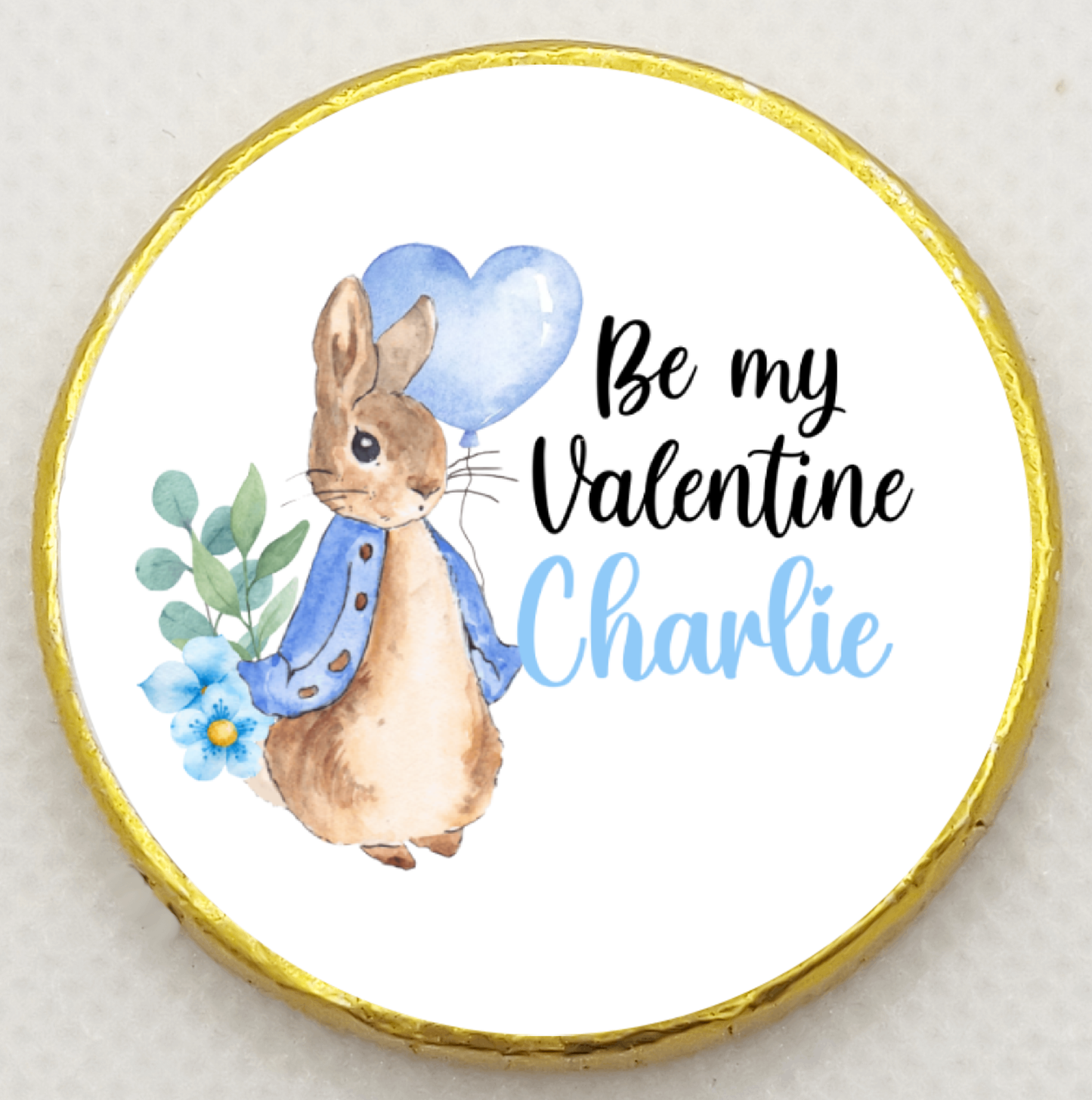 Personalised Peter Rabbit Blue Heart - Chocolate Coin