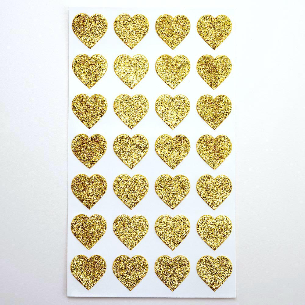 Gold Glitter Heart Stickers 2x2cm Sheet of 28 - Perfect Tables