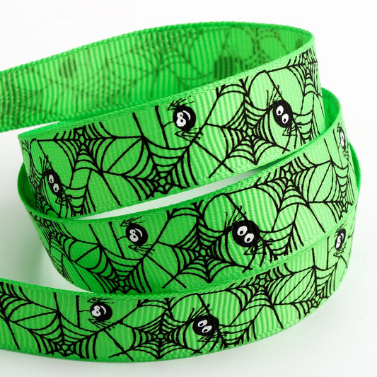 Green Spider Web Haloween Ribbon 16mm 5 Metre Reel
