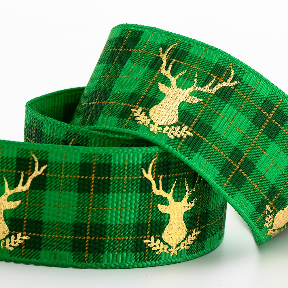 Green Tartan & Stag Grosgrain Ribbon