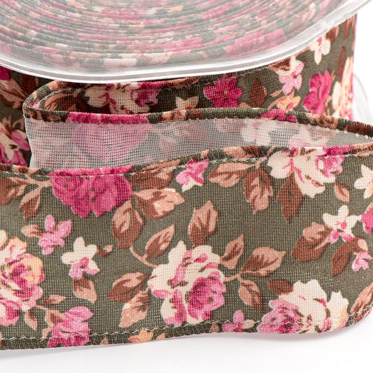 Green Vintage Floral Ribbon 38mm 10 Metre Reel
