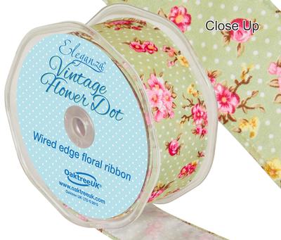 Green Vintage Flower Dot Wired Edge Ribbon