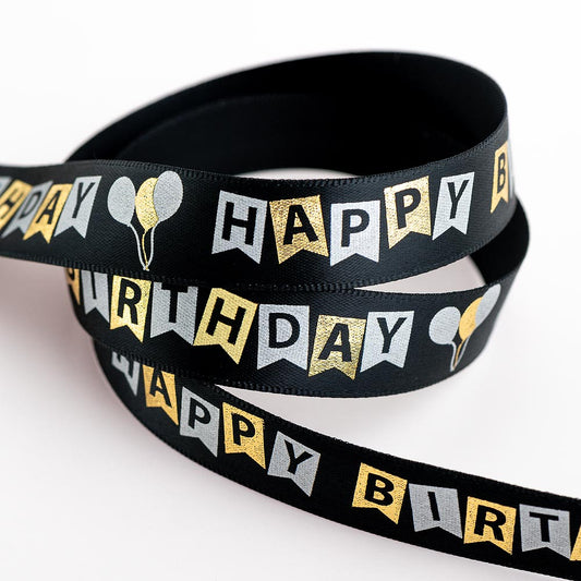 Black Happy Birthday Satin Ribbon
