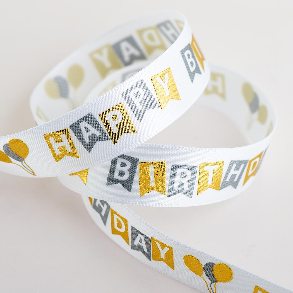 White Happy Birthday Satin Ribbon