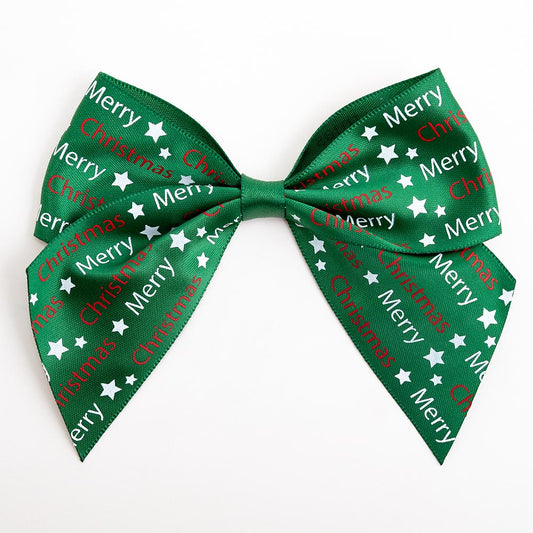 Merry Christmas Green 10cm Satin Bows – Self Adhesive