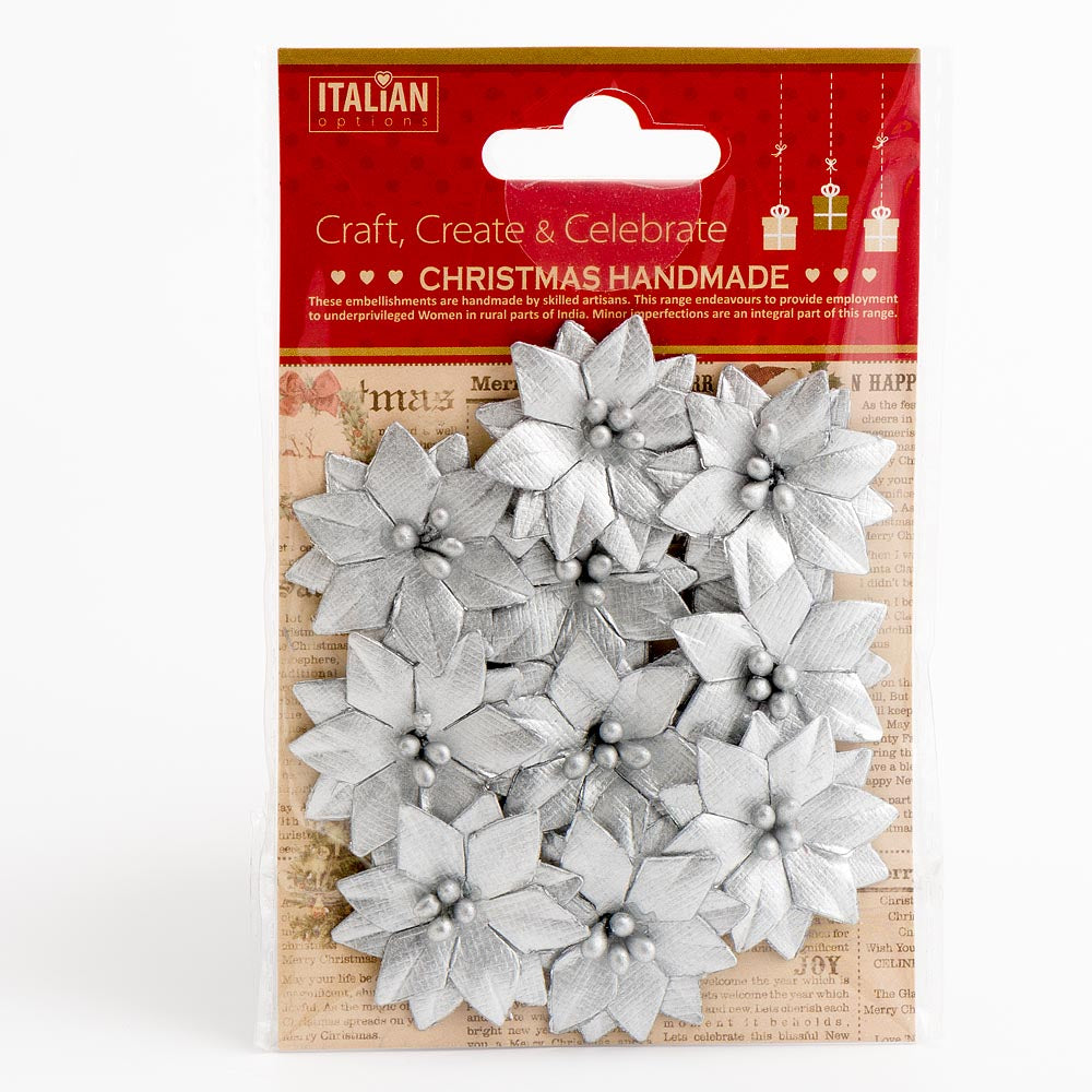 Metallic Silver Poinsettias 3.5cm 10 Pack