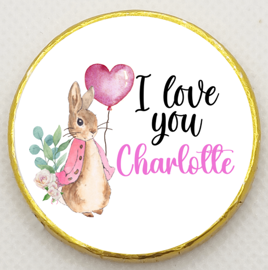 Personalised Peter Rabbit Pink Heart - Chocolate Coin