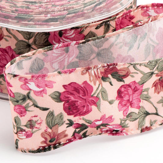 Pink Vintage Floral Ribbon 38mm 10 Metre Reel