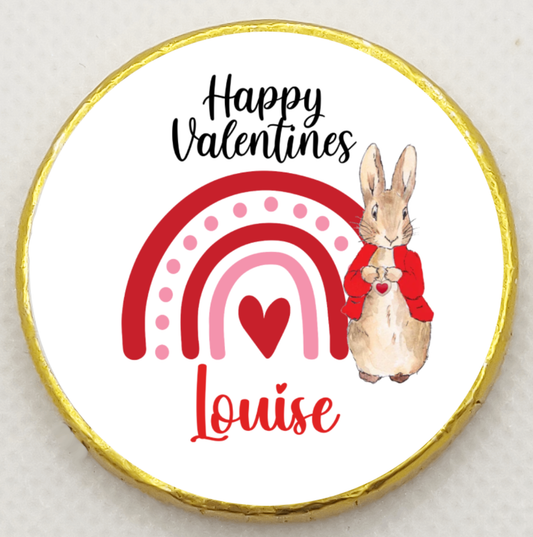 Personalised Peter Rabbit Red Happy Valentines Rainbow - Chocolate Coin
