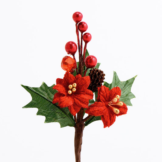 Red Poinsettia and Berries Spray