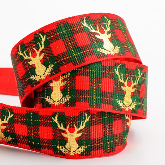Red Tartan & Stag Grosgrain Ribbon