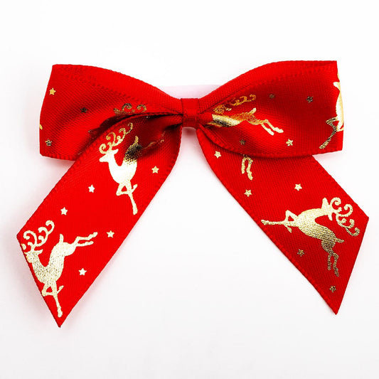 Reindeer Red/Gold Foil 5cm Satin Bows - Self Adhesive