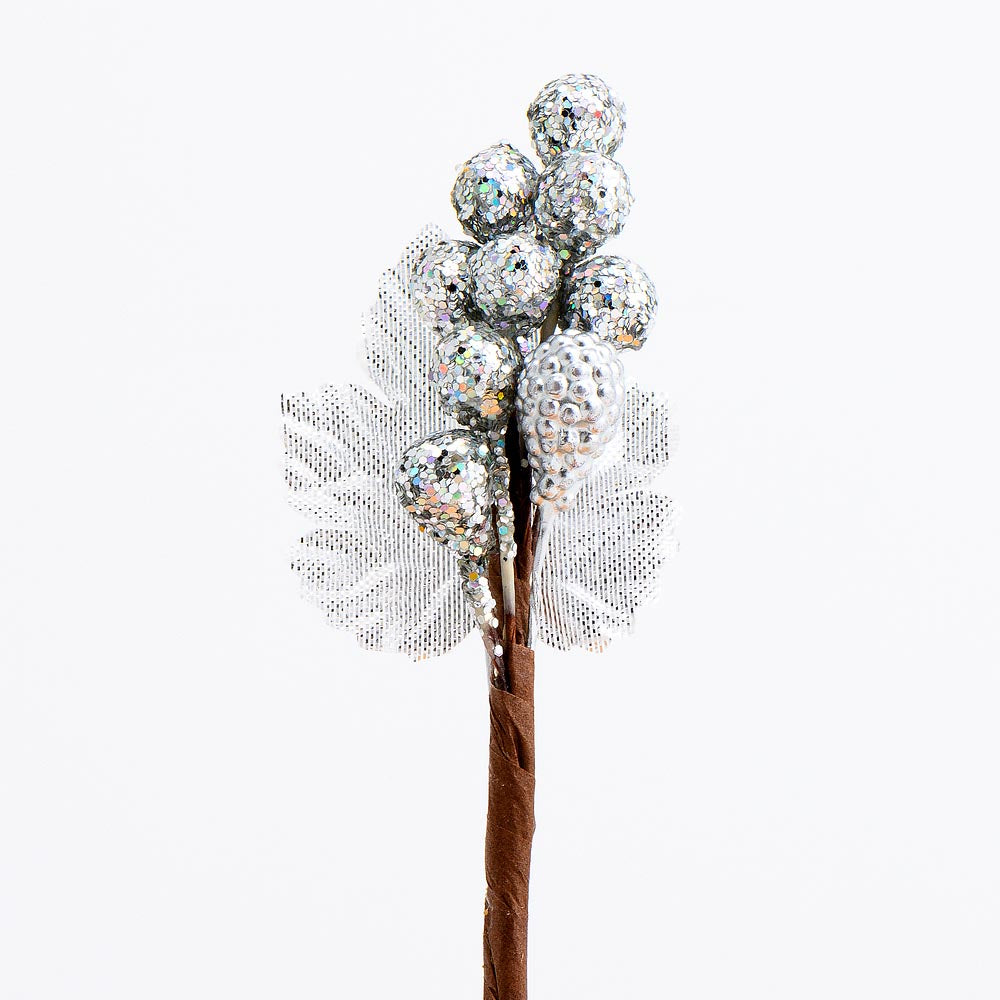 Silver Glitter Berries Spray