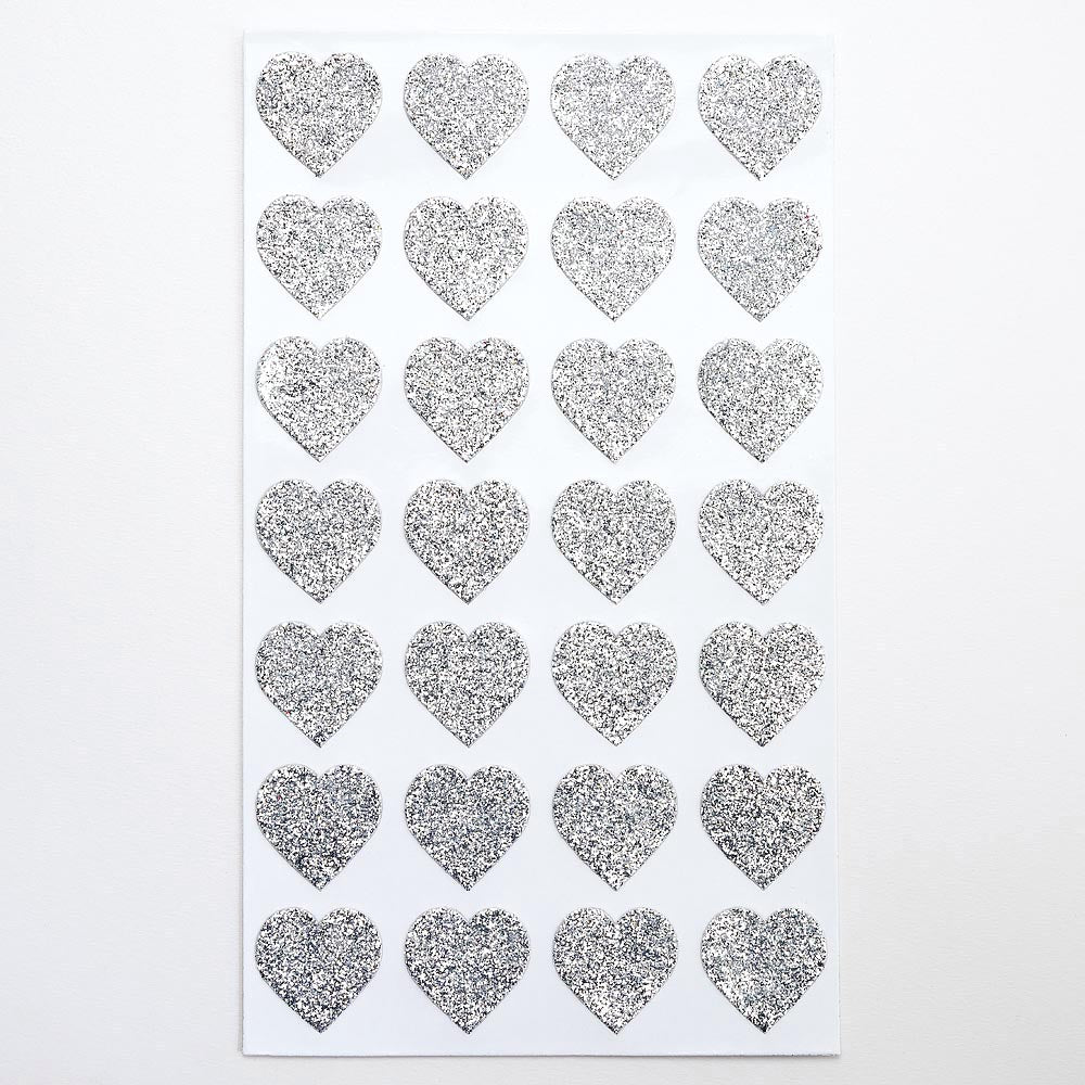 Silver Glitter Heart Stickers 2x2cm Sheet of 28 - Perfect Tables