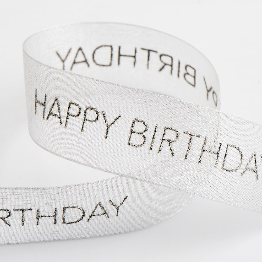 Silver Happy Birthday Organza Ribbon