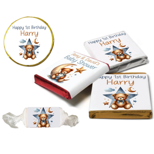 Personalised Blue Star Teddy Bear Chocolate Neapolitan Sweets