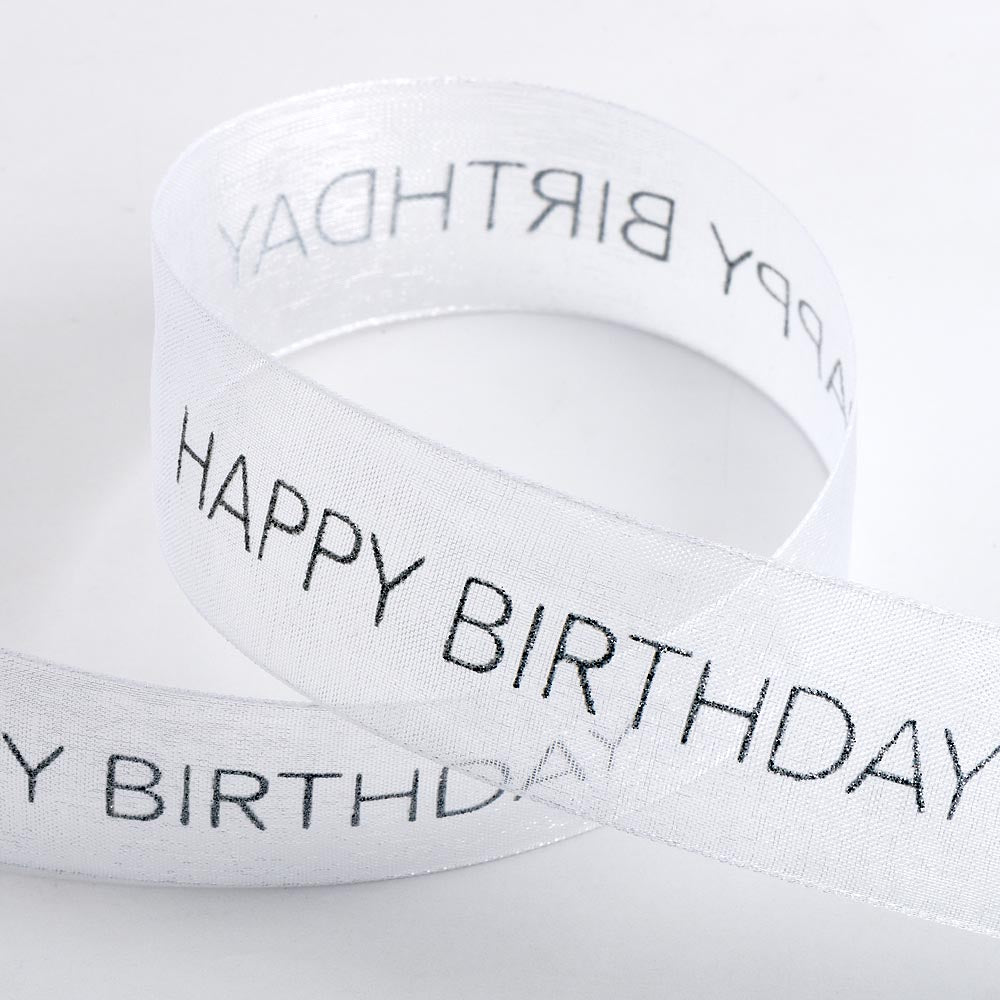 White Happy Birthday Organza Ribbon