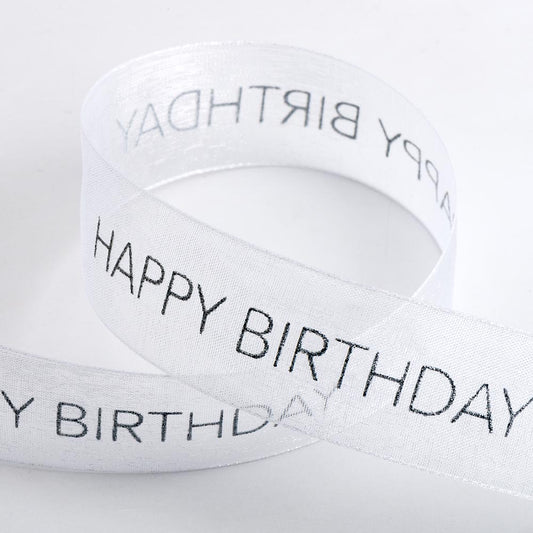 White Happy Birthday Organza Ribbon