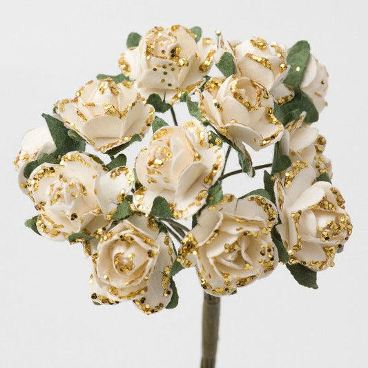 Glitter Gold and Ivory Paper Tea Roses Bunch of 12