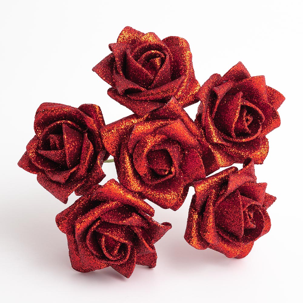 Glitter Red 5cm Foam Roses Bunch of 6 - Perfect Tables