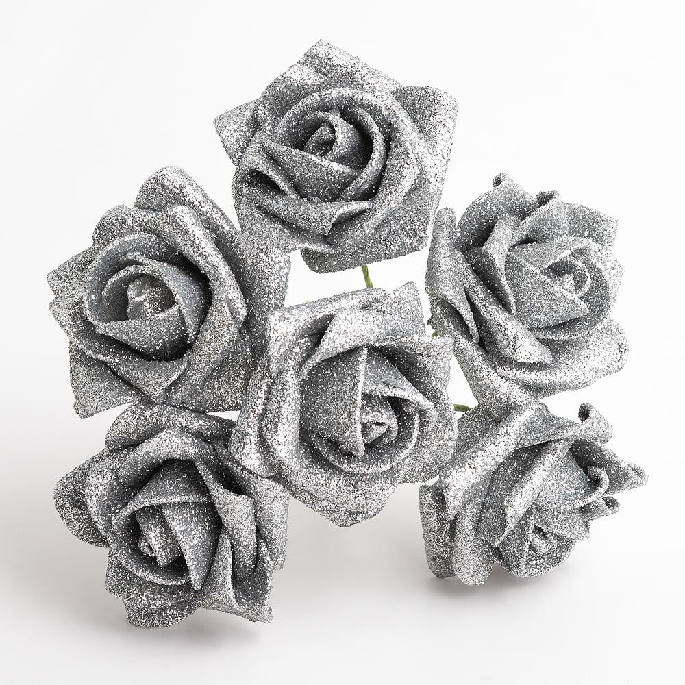 Glitter Silver 5cm Foam Roses Bunch of 6 - Perfect Tables