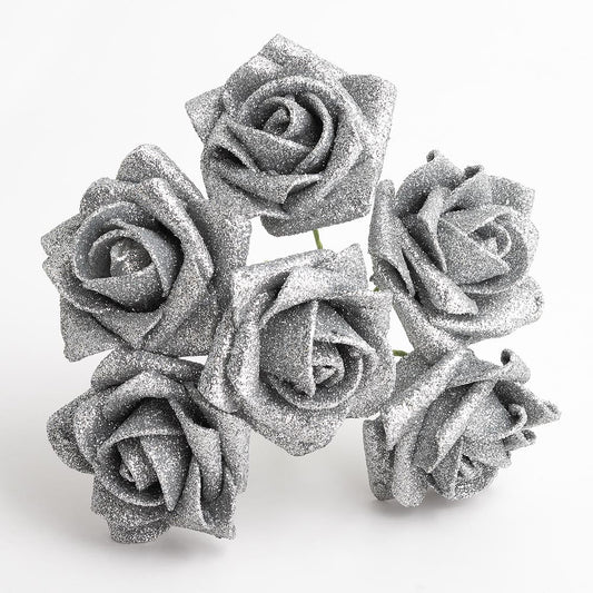 Glitter Silver 5cm Foam Roses Bunch of 6 - Perfect Tables
