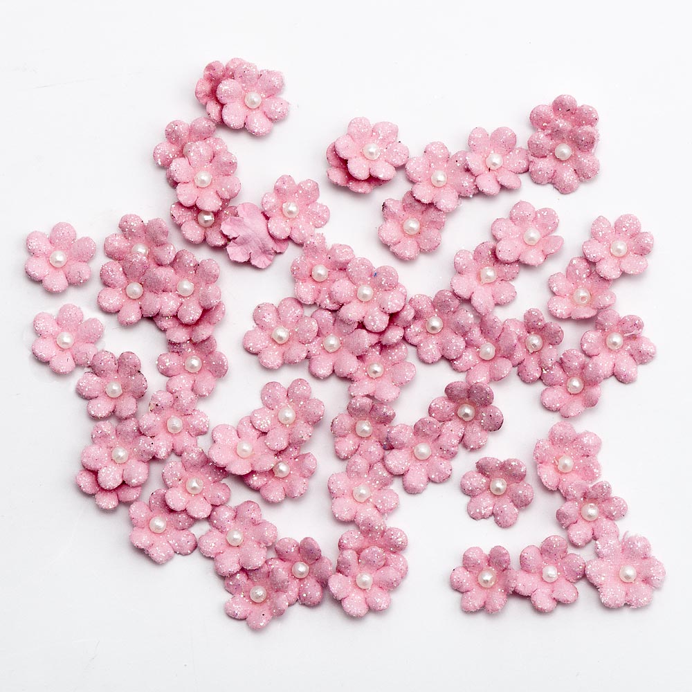 1cm Pink Glitter Flowers Pack of 60