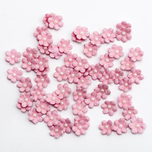 1cm Pink Glitter Flowers Pack of 60