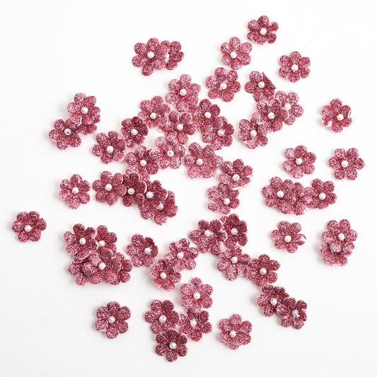 1cm Vintage Pink Glitter Flowers Pack of 60