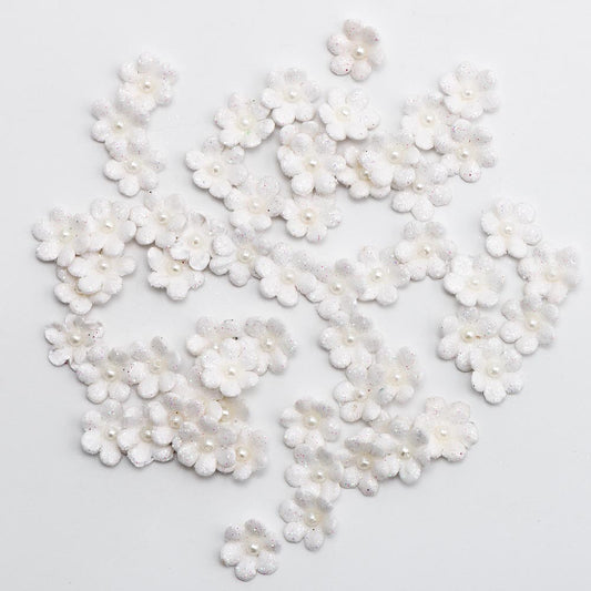 1cm White Glitter Flowers Pack of 60