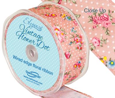 Classic Pink Vintage Flower Dot Wired Edge Ribbon