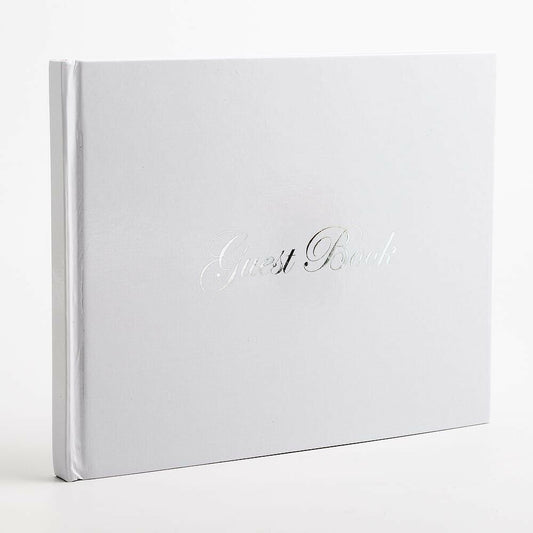 White Guest Book with Silver Text - 60 Pages - Perfect Tables