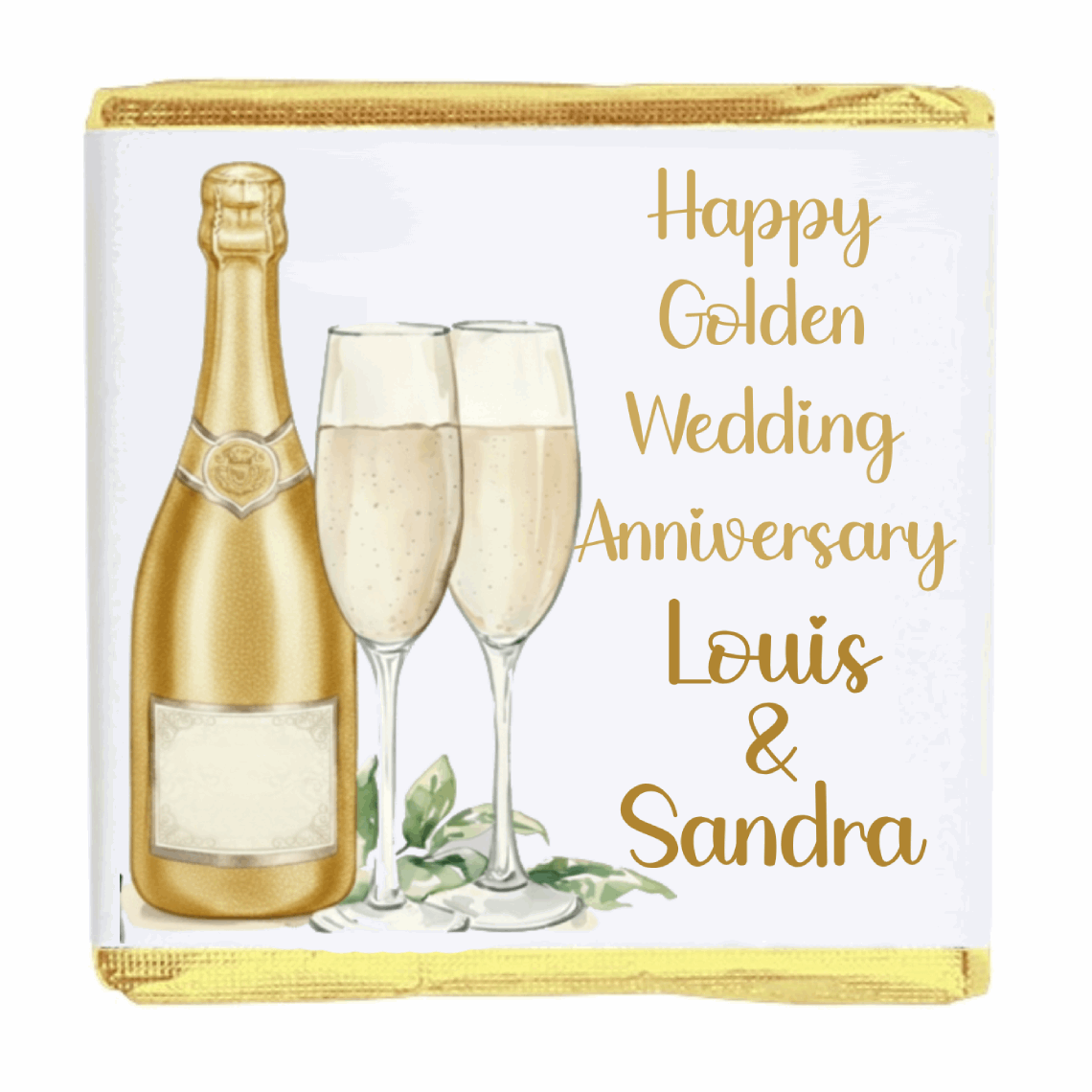 Personalised Chocolate Party Favours and Love Heart Rolls - Champagne Gold 2 Glasses