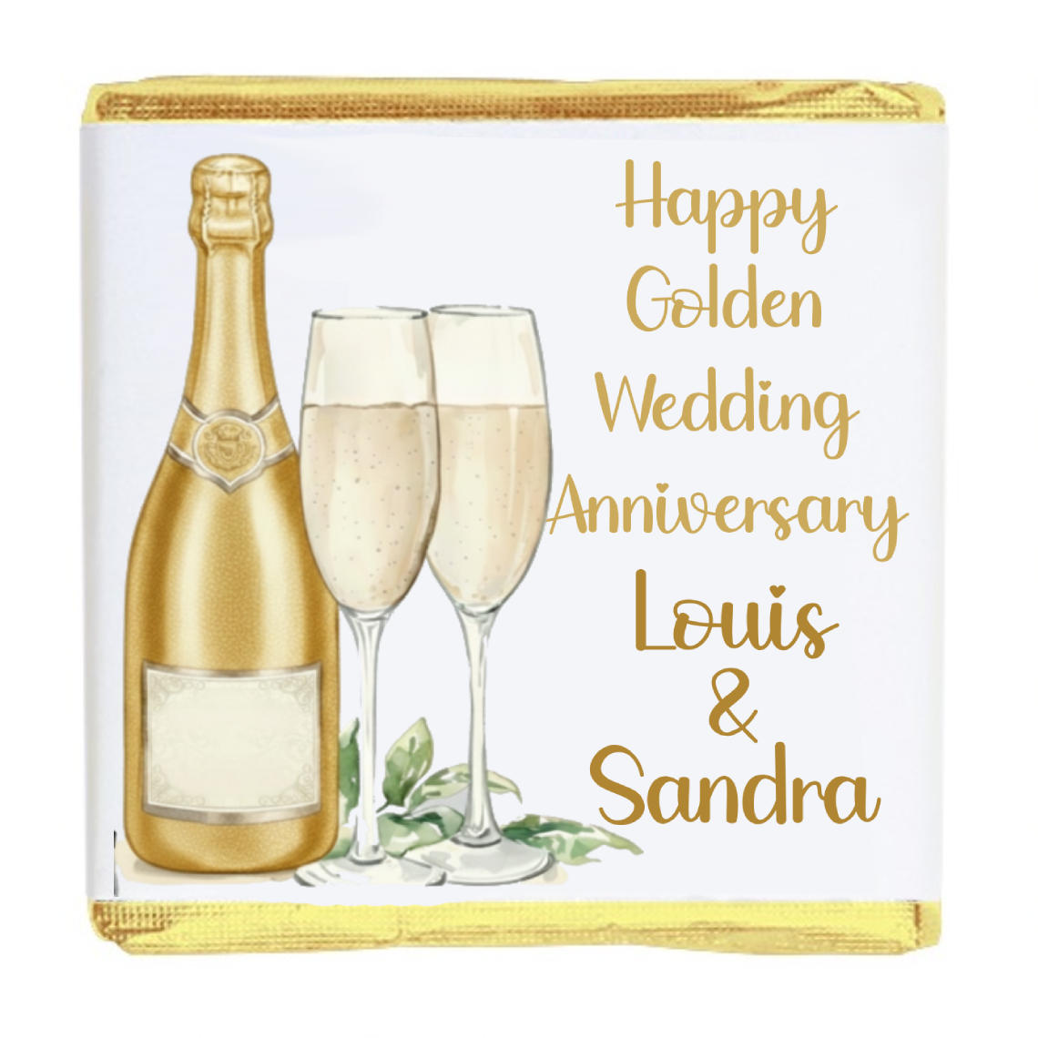 Personalised Chocolate Party Favours and Love Heart Rolls - Champagne Gold 2 Glasses