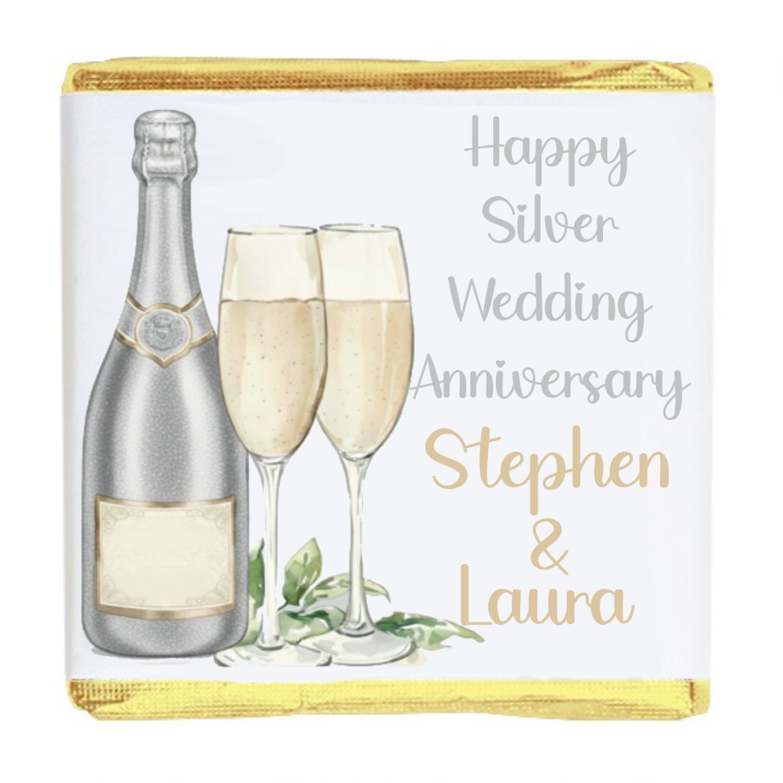 Personalised Chocolate Party Favours and Love Heart Rolls - Champagne Silver 2 Glasses