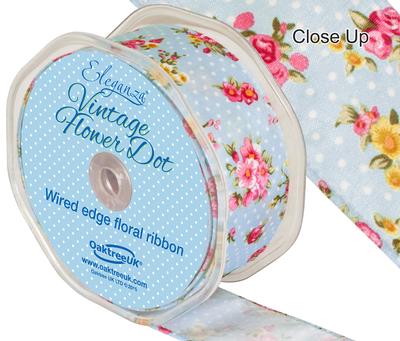 Light Blue Vintage Flower Dot Wired Edge Ribbon - Perfect Tables