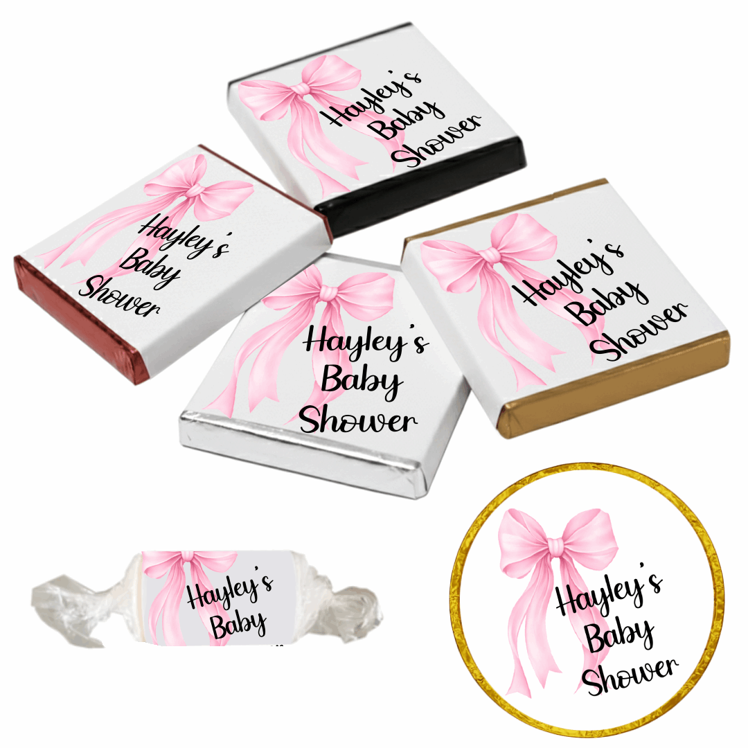 Personalised Chocolate Party Favours and Love Heart Rolls - Baby Pink Bow
