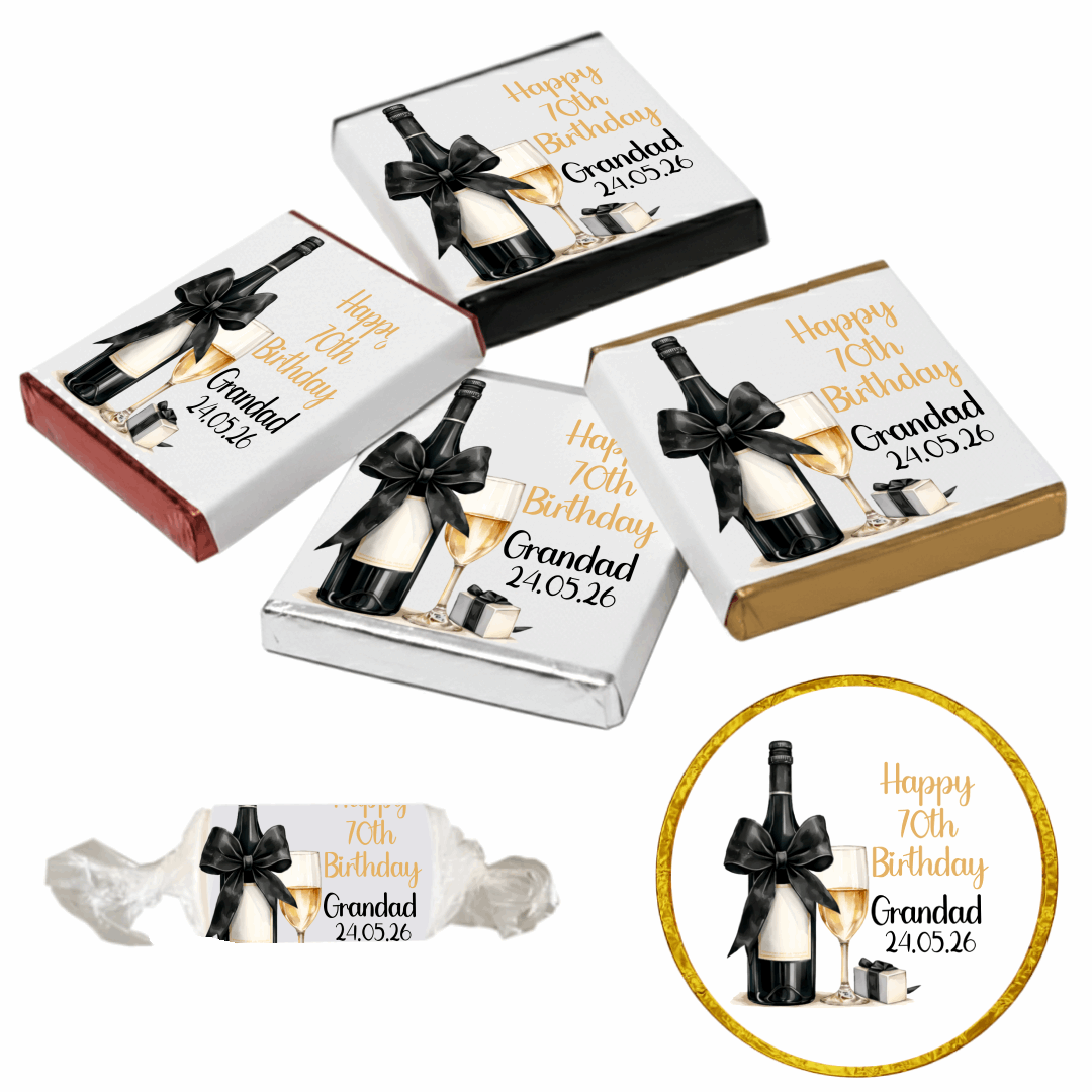 Personalised Chocolate Party Favours and Love Heart Rolls - Champagne Black Bow