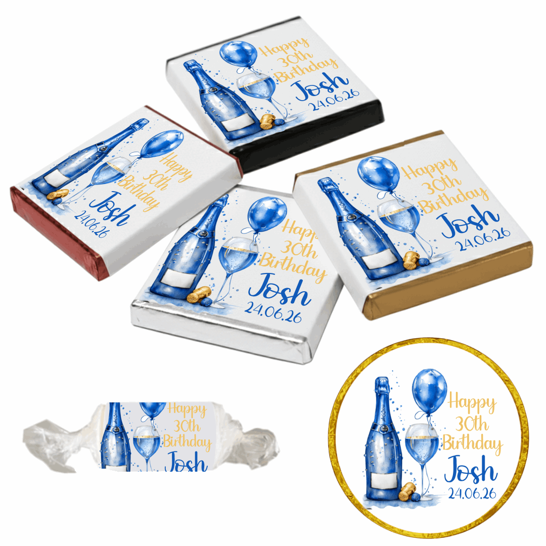 Personalised Chocolate Party Favours and Love Heart Rolls - Champagne Blue Balloon