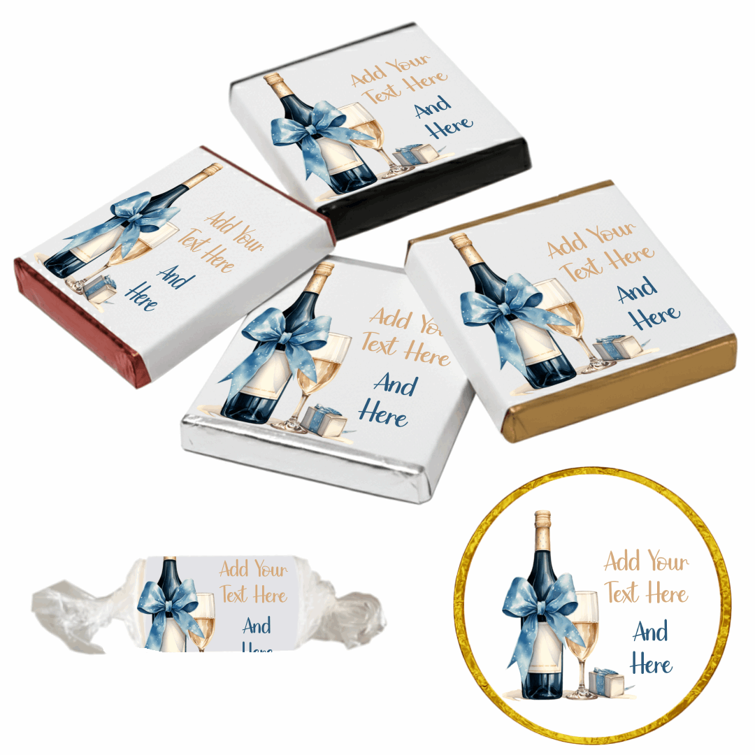 Personalised Chocolate Party Favours and Love Heart Rolls - Champagne Blue Bow
