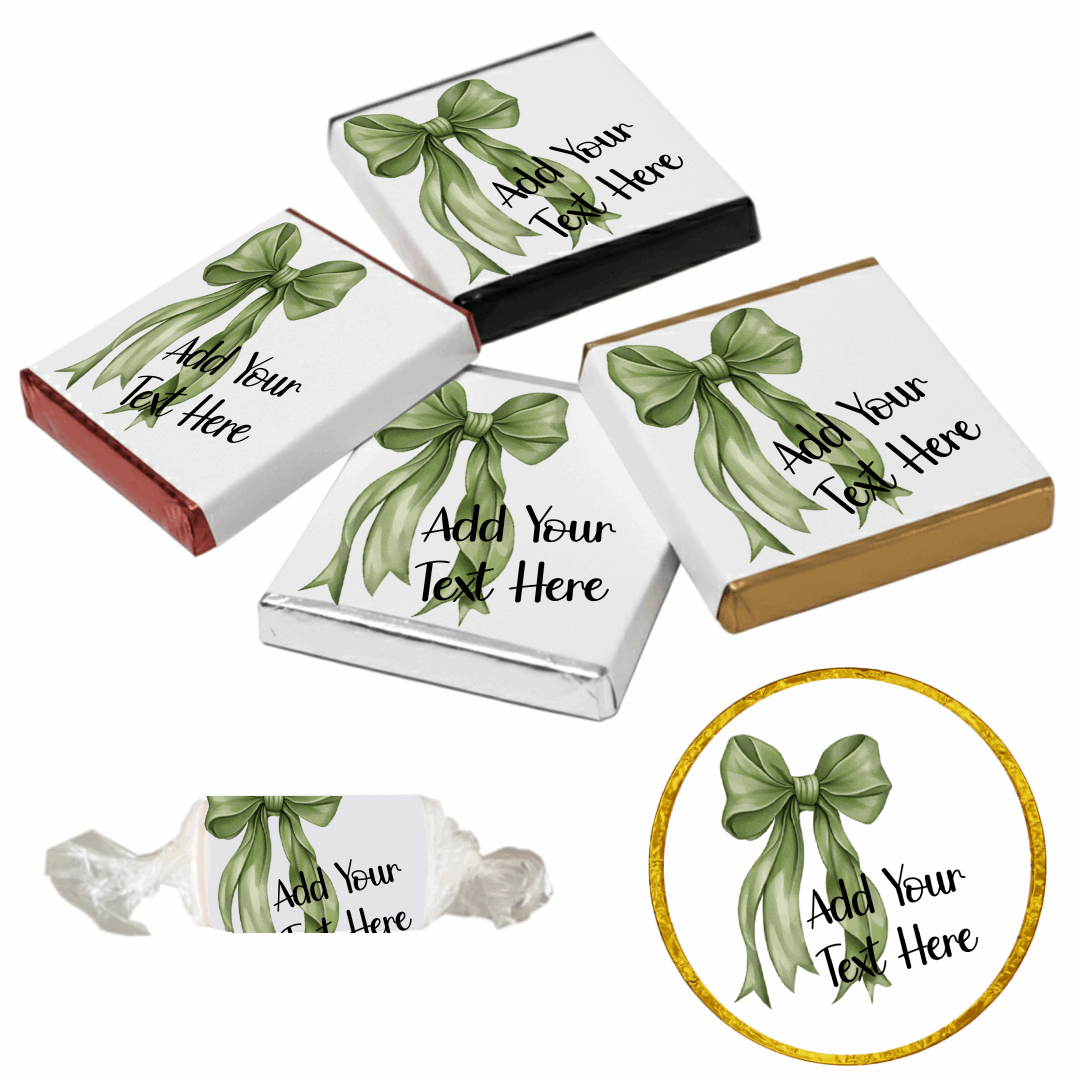 Personalised Chocolate Party Favours and Love Heart Rolls - Moss Green Bow