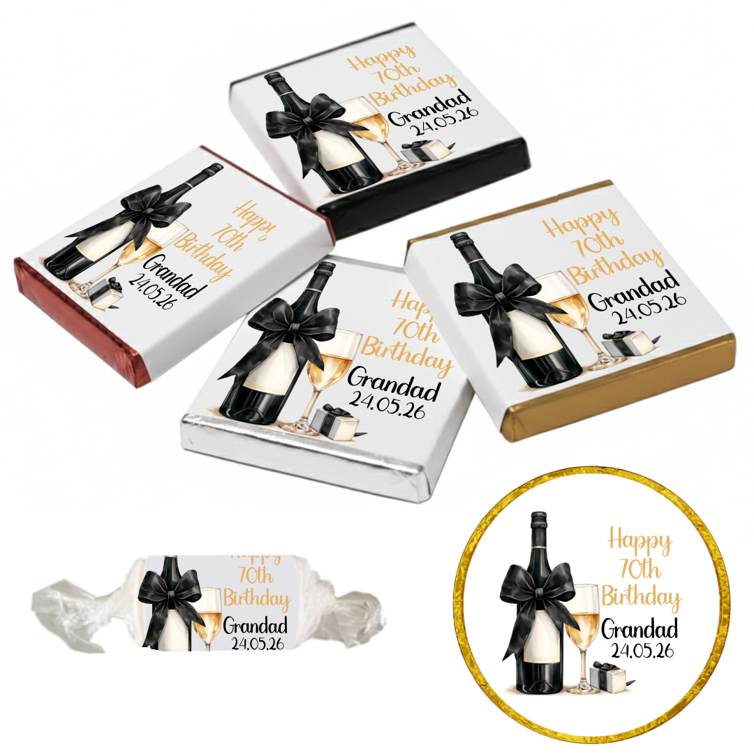 Personalised Chocolate Party Favours and Love Heart Rolls - Champagne Black Bow