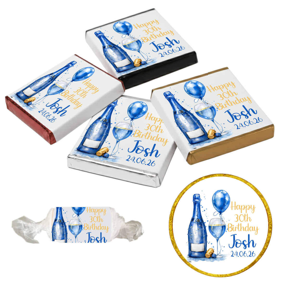 Personalised Chocolate Party Favours and Love Heart Rolls - Champagne Blue Balloon
