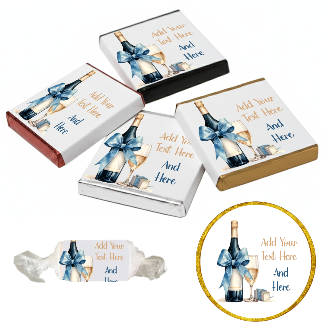 Personalised Chocolate Party Favours and Love Heart Rolls - Champagne Blue Bow