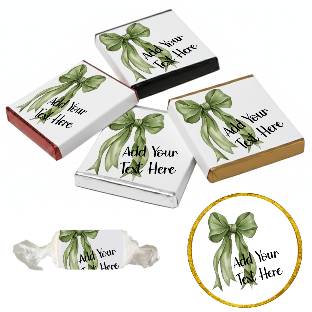 Personalised Chocolate Party Favours and Love Heart Rolls - Moss Green Bow