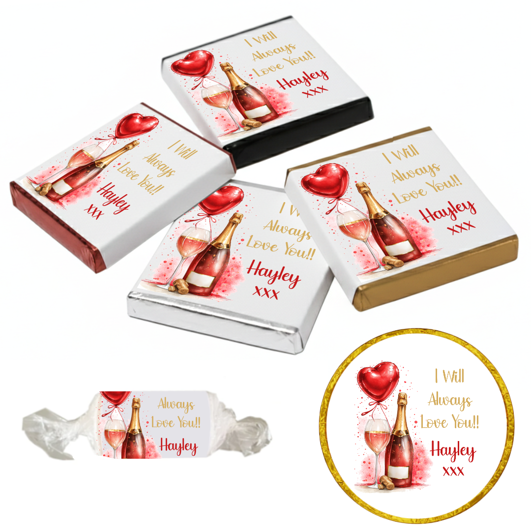 Personalised Chocolate Party Favours and Love Heart Rolls - Champagne Red Balloon